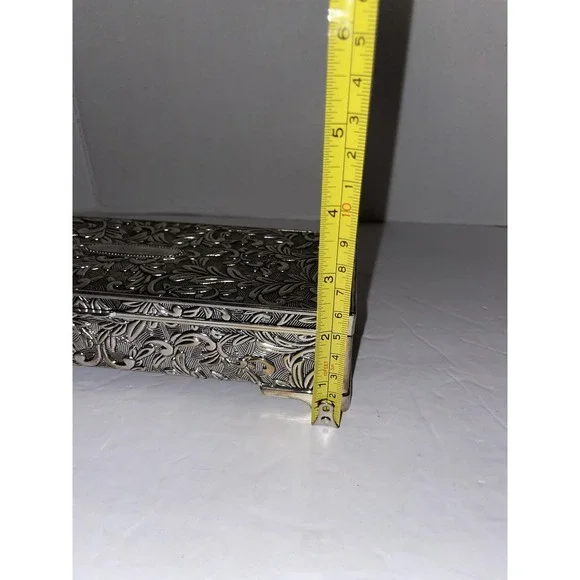 Godinger Silverplate Jewelry Box Floral Pattern W/ Lining Miror Hinged Vintage - Picture 8 of 9